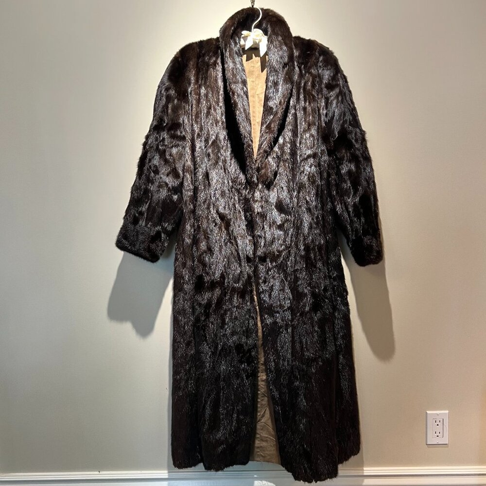 Dark Brown Mink Fur Coat & Reversible Raincoat w/ Crocodile Pattern; Used-V Good
